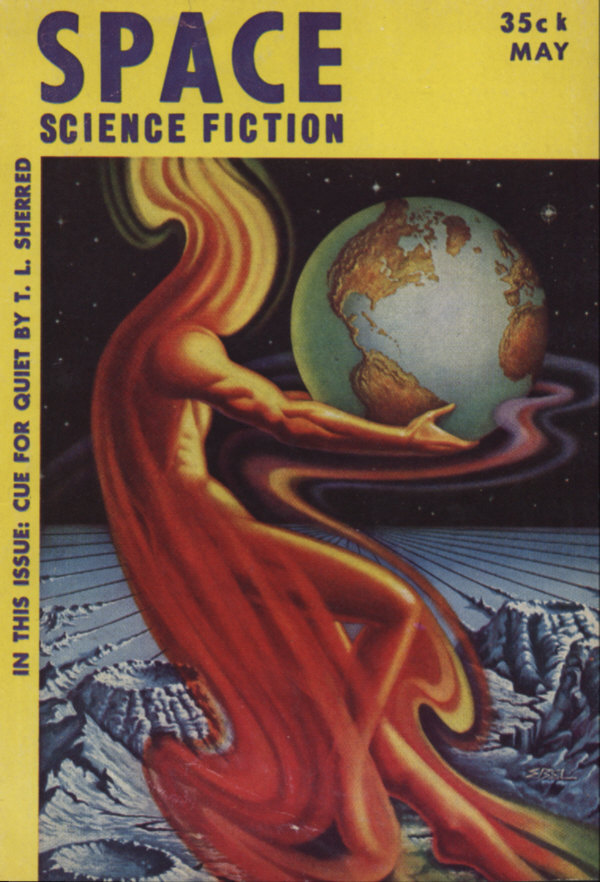 Magazine Cover: A flaming man holds the Earth in his arms.