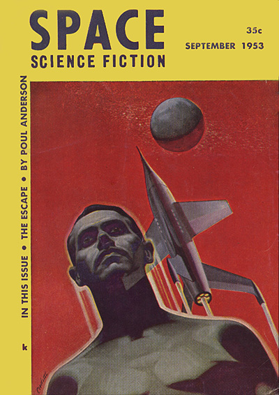 Magazine Cover: Head and chest of a man, a rocket ship flies behind him.