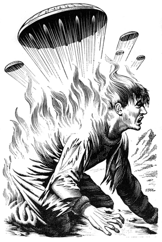 A man crouches. His back is aflame and there are flying saucers over him.